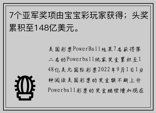 7个亚军奖项由宝宝彩玩家获得；头奖累积至148亿美元。